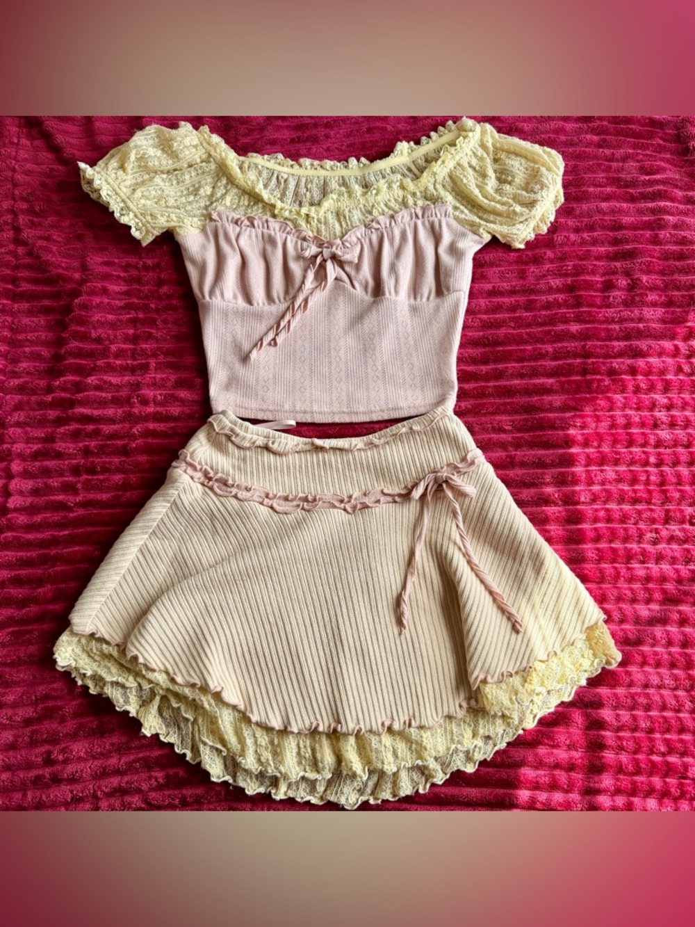 LaceMade Pink Ribbed Two-Piece Lace Trim Top and Skort Set